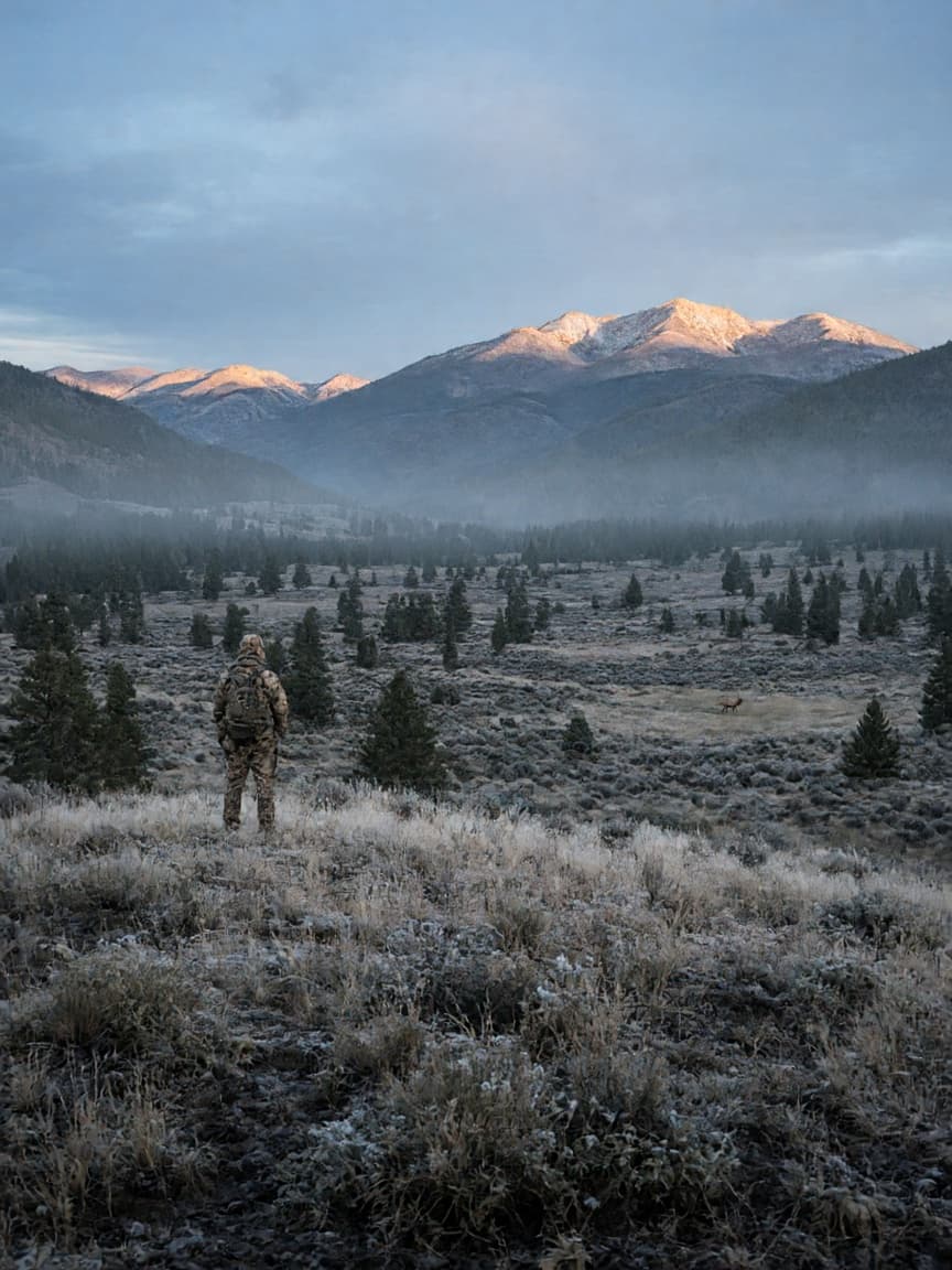 A hunter at dawn above a frosty high-country valley.